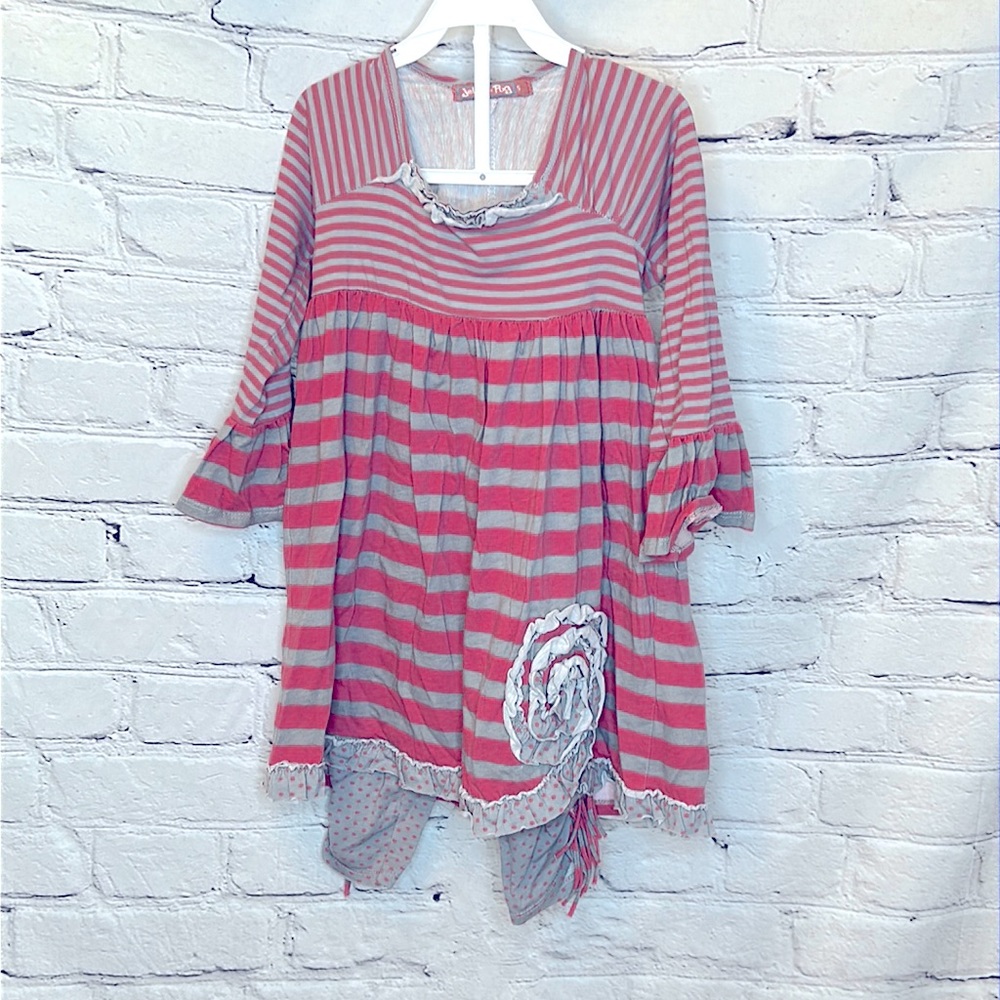 Jelly The Pug Pink Gray Striped Ruffle Top Legging Set Girl’s Size 5